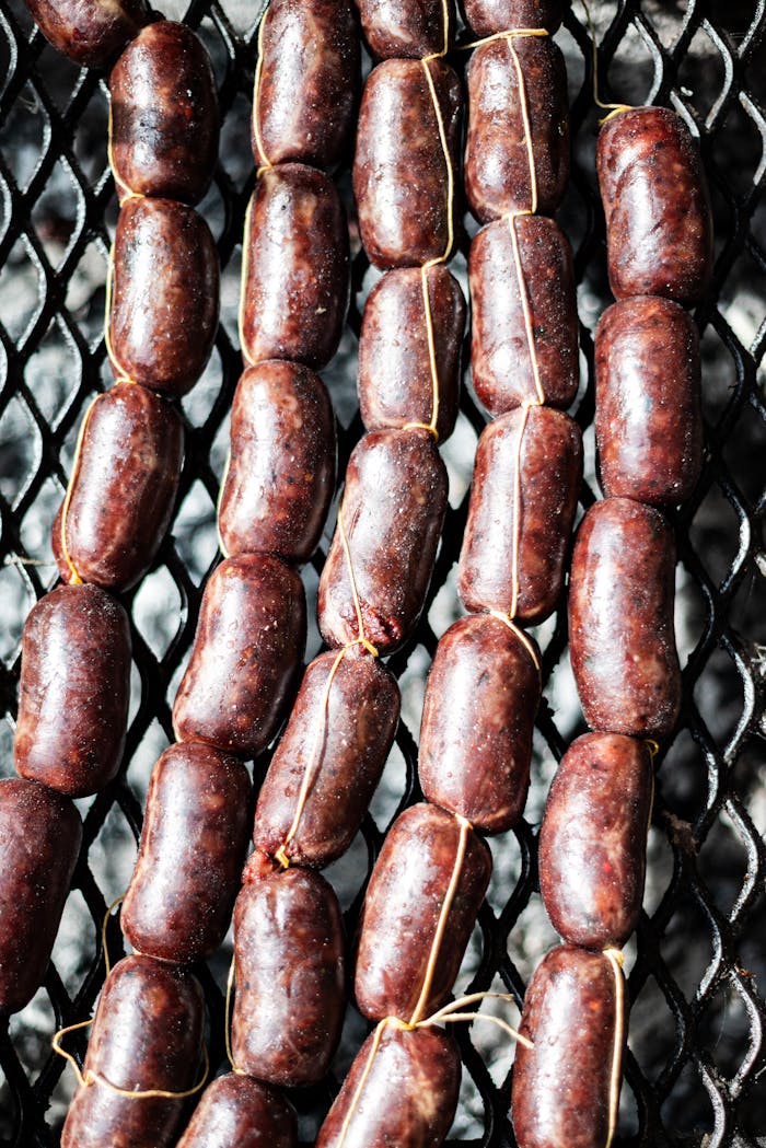 Close-up of traditional Argentine chorizo sausages being prepared on a grill in Uribelarrea, Buenos Aires.